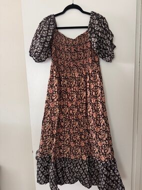 CLARA the Label Floral Smocked Puff Sleeve Dress in Black and Rust